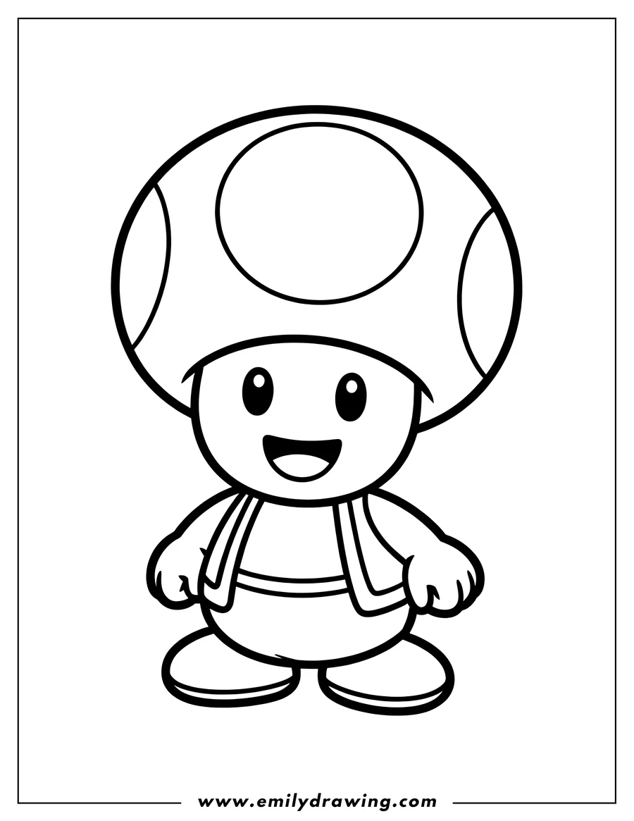 Line art of Toad from Super Mario, standing with a big smile on his face, wearing his signature mushroom cap.