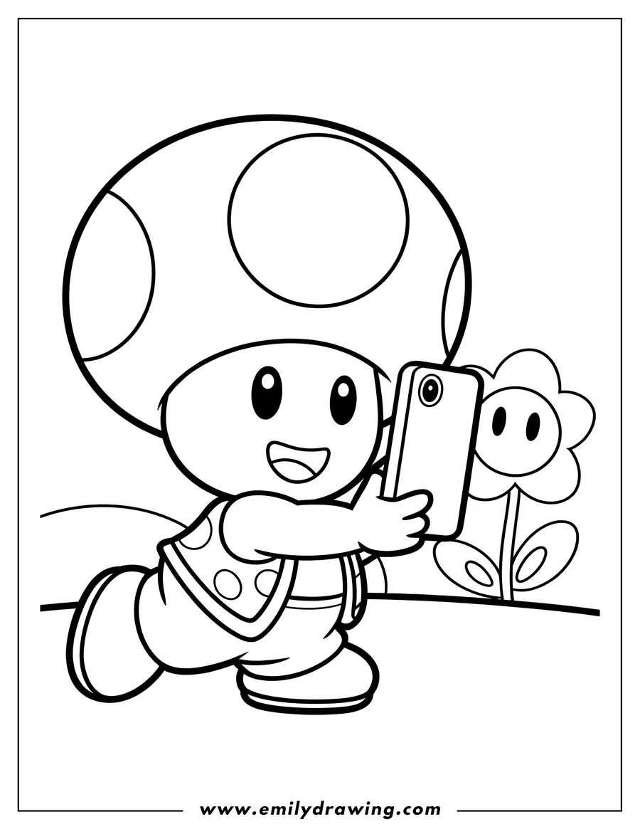 Outline of Toad, a mushroom-headed character, smiling and holding a smartphone out to take a selfie with a smiling flower.