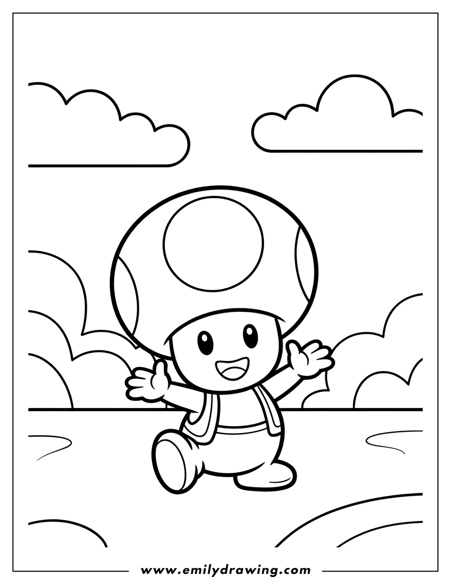 Line art of a cheerful toad character with a mushroom cap, smiling and waving with both hands. Fluffy clouds are in the background.