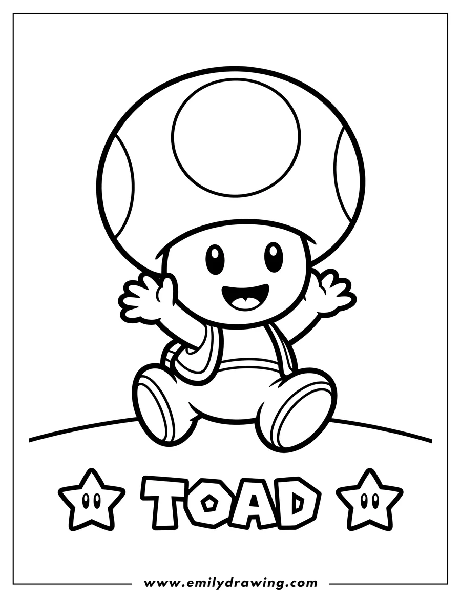 Line art of Toad from Super Mario, sitting with arms outstretched and hands waving, with the word 'TOAD' and two stars below him.