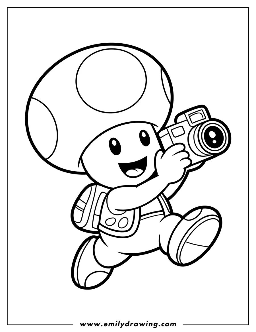 Outline of a cheerful toad character wearing overalls and a backpack, jumping and holding a camera.