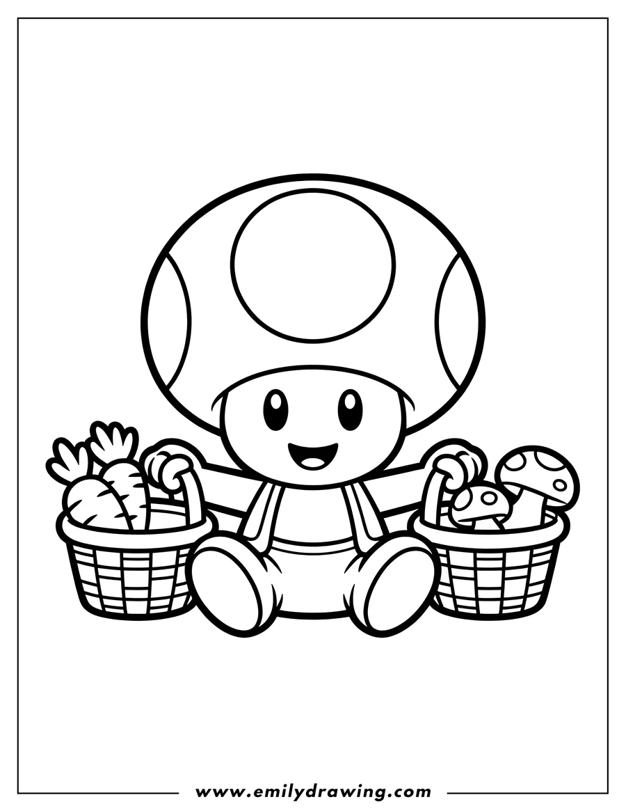 Outline of Toad, the character from Super Mario, sitting happily between two baskets, one filled with carrots and the other with mushrooms.