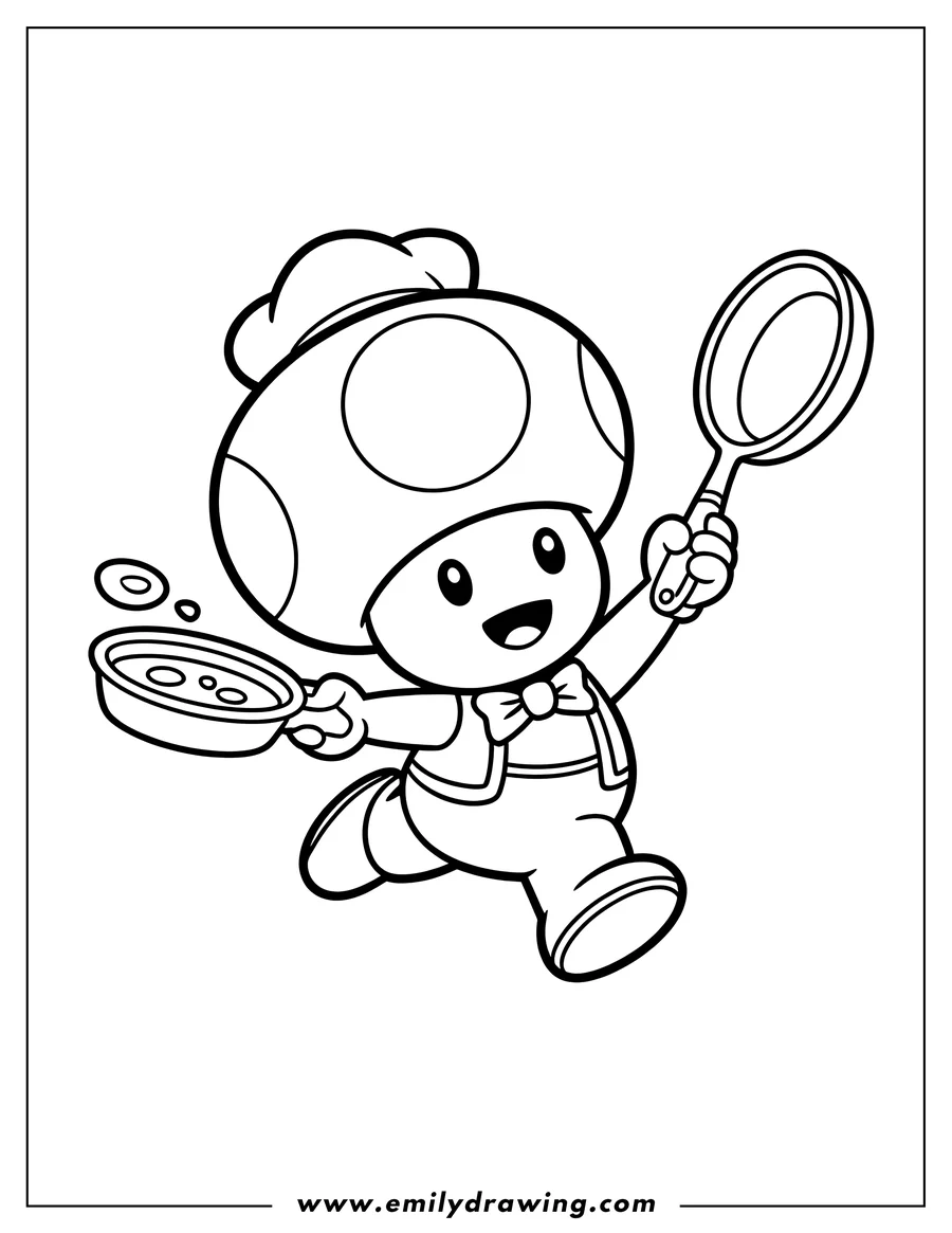Line art of a cheerful Toad character wearing a chef hat, running while holding a frying pan in one hand and a large spoon in the other.