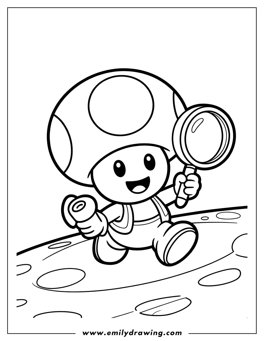 Line art of a cheerful Toad character from Mario, holding a magnifying glass in one hand and a small object in the other, appearing to walk or explore.