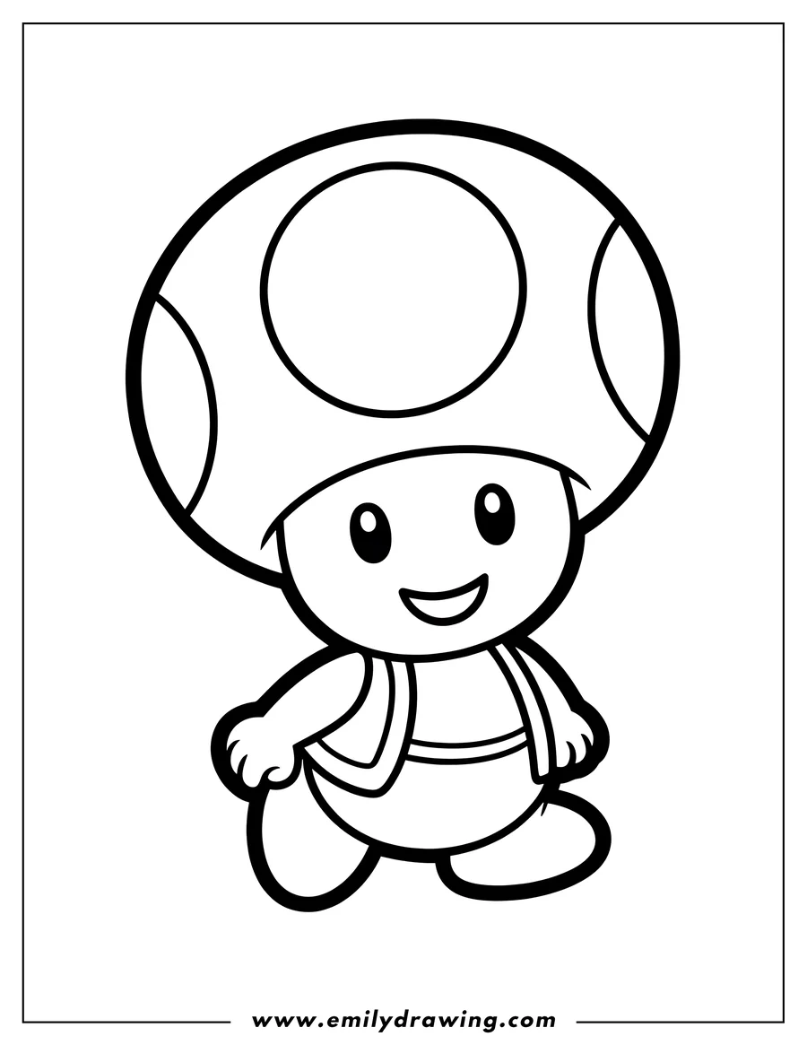 Line art of a cartoon toad character wearing overalls and a large mushroom cap on its head, smiling happily.