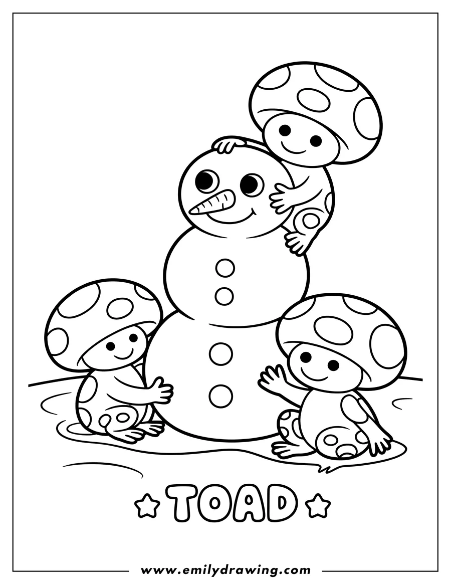 Line art showing three cute toads playing with a snowman. One toad sits on the snowman's head, while two others hug its body.