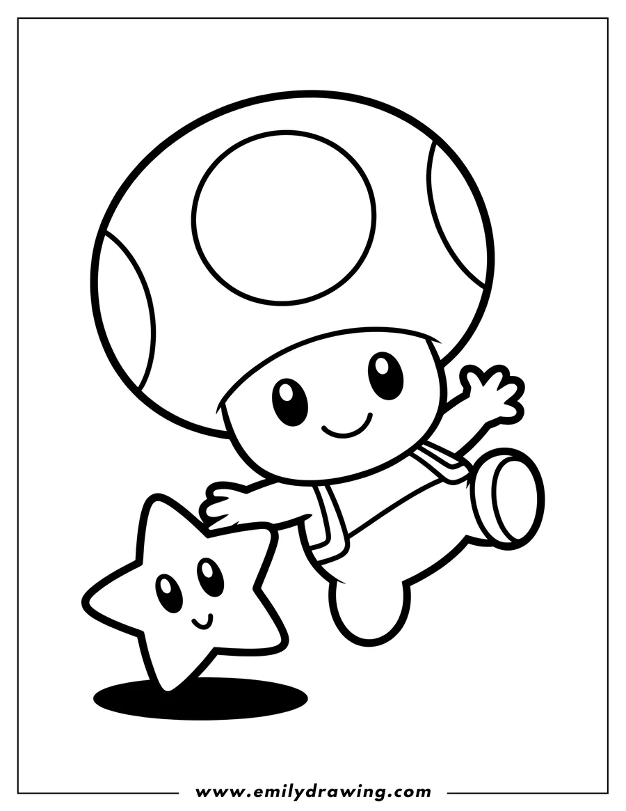 Line art of a cartoon Toad character with a large mushroom cap, jumping with a small, smiling star character.
