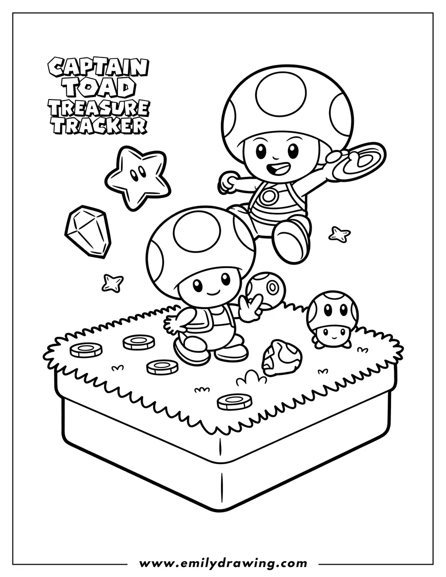 Line art of two Toads from Captain Toad Treasure Tracker, one on a grassy block with coins and a small mushroom, and another jumping above with a star and a gem nearby.