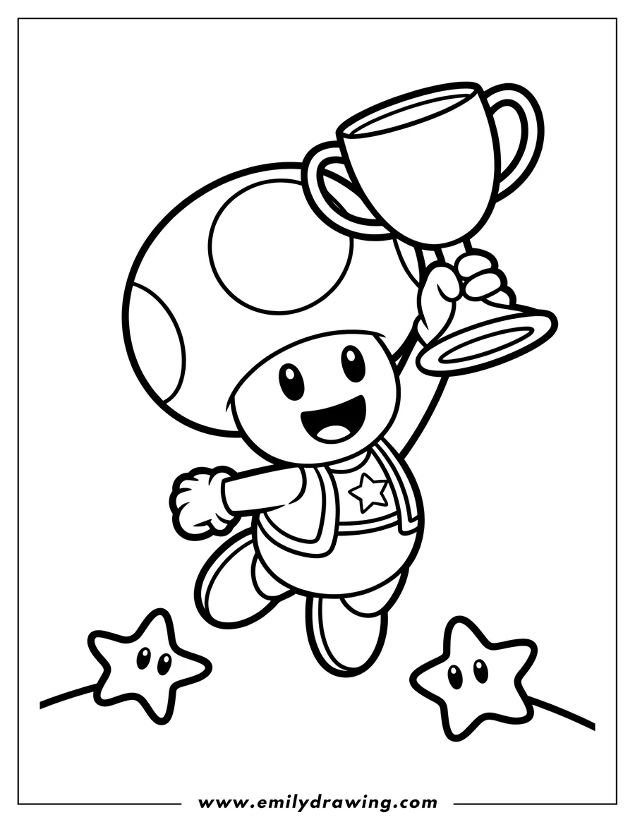 Line art of a happy Toad character with a mushroom cap, holding a trophy and jumping, with two smiling stars nearby.