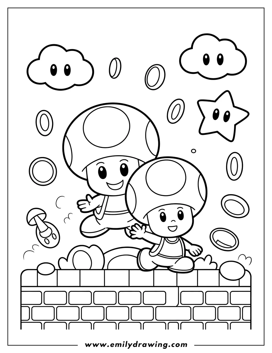 Line art of two happy Toads, characters from Super Mario, walking on a brick wall. The scene includes floating coins, clouds with faces, a star with a face, and a mushroom power-up.