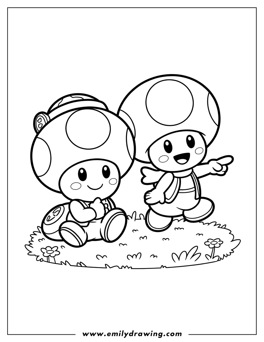 Outline of two happy cartoon toad characters on a patch of grass with small flowers. One toad is sitting down, and the other is standing, pointing with its right hand.