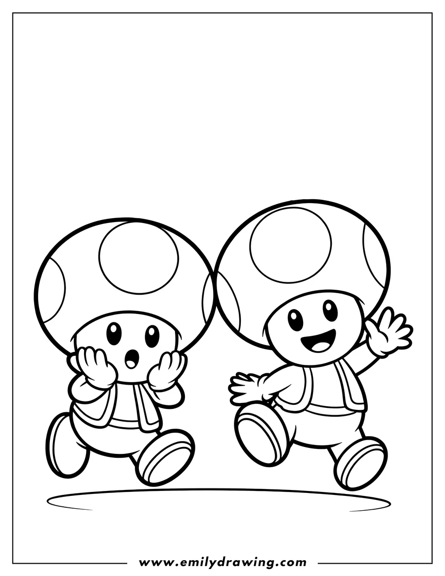 Outline of two cartoon toads, one surprised and one happy, running side by side.