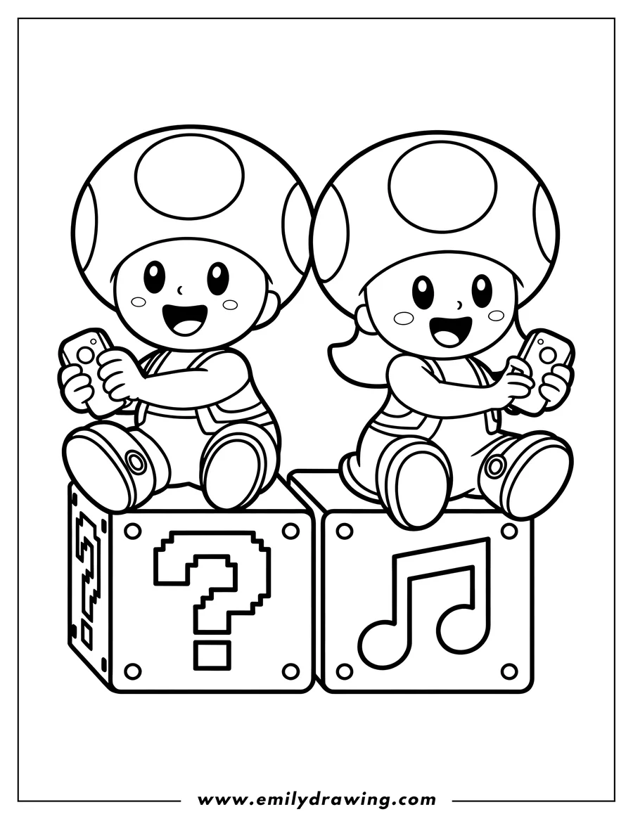 Outline of two cheerful Toads sitting on Mario-style blocks, each holding a small device like a phone or game controller. One block has a question mark, and the other has a music note.