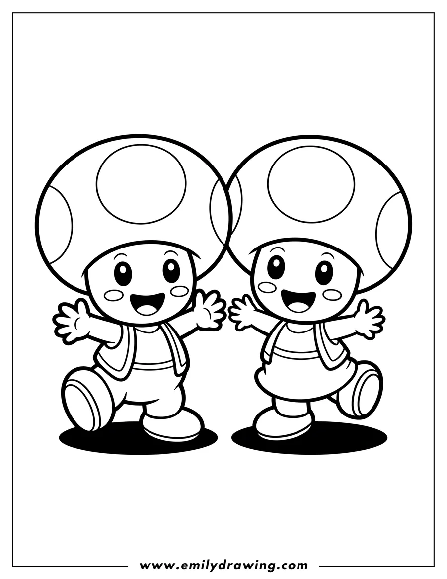 Outline of two cheerful cartoon toads, a boy and a girl, standing side-by-side with arms outstretched, both wearing large mushroom caps on their heads.