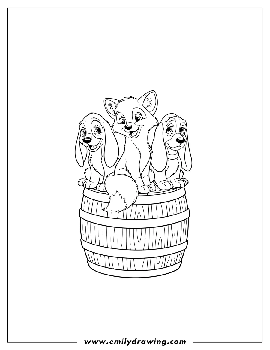 High quality printable todd, Copper, and Dixie sitting happily together on a barrel for coloring