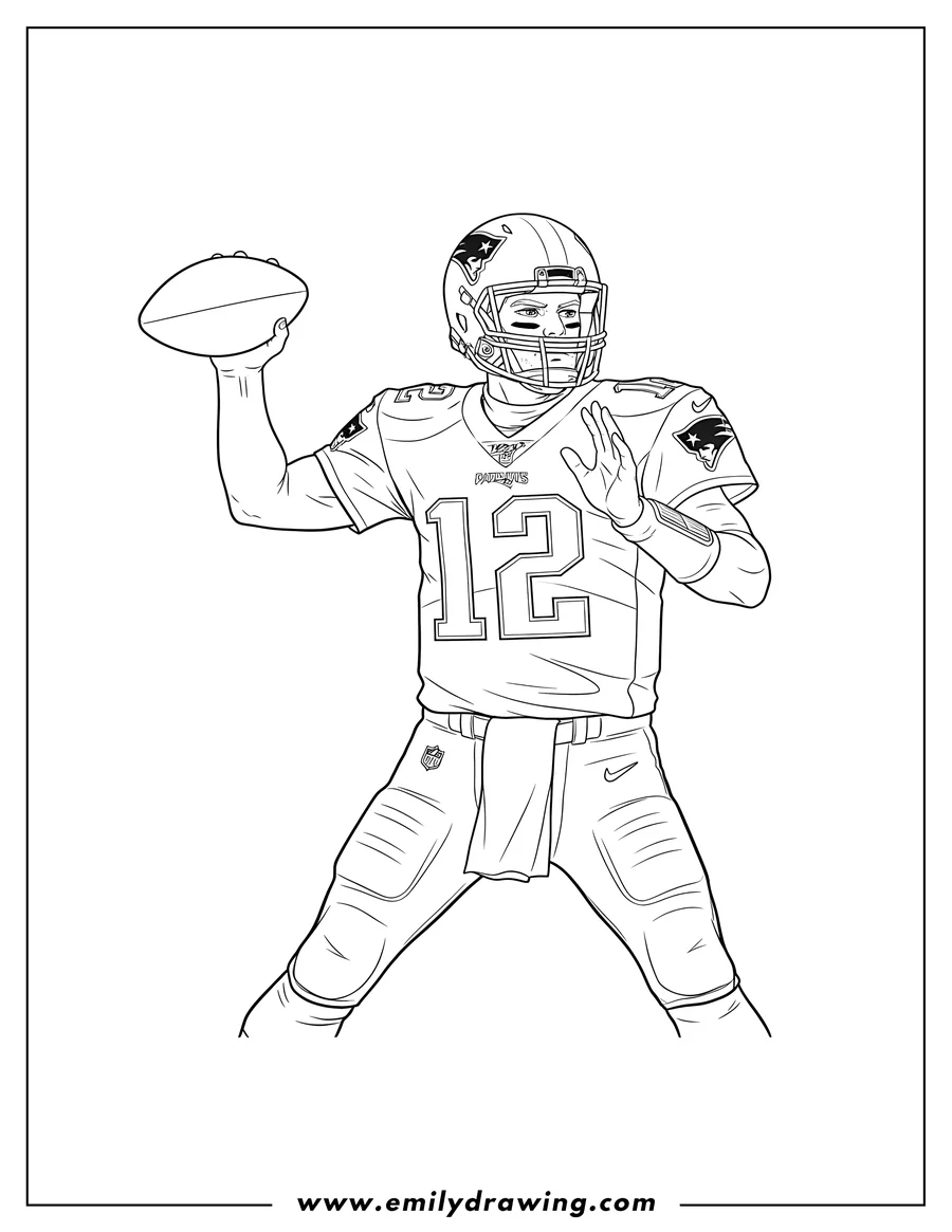 Simple sketch of tom Brady in a Patriots uniform holding a football in a throwing pose to color