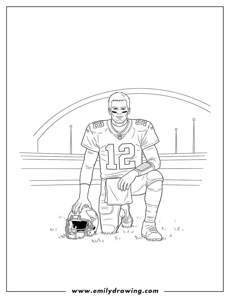 Coloring page for kids: tom Brady Kneeling With His Helmet On Ground, wearing a football jersey with number 12 and resting his hand on the helmet
