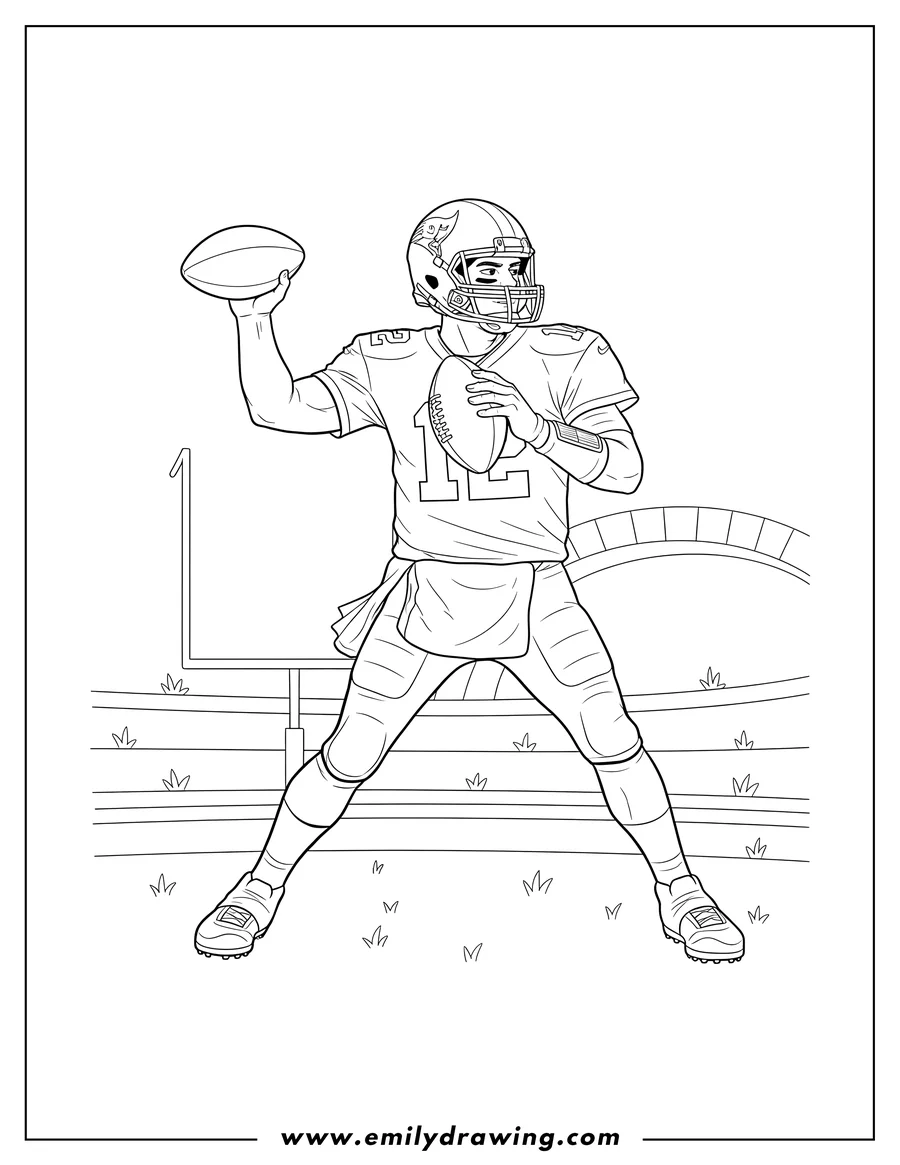 Vector style outline of tom Brady posed to throw a football, wearing a number 12 jersey and helmet