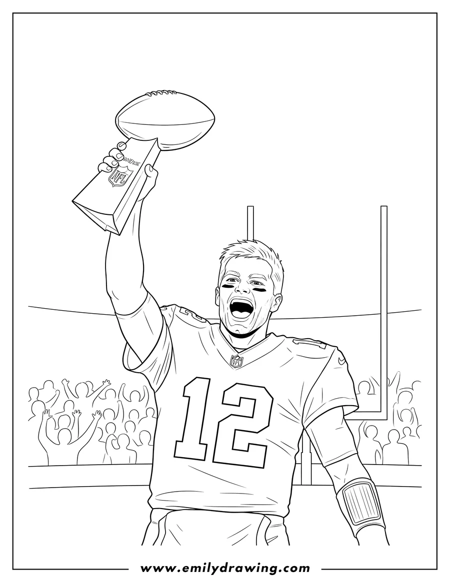 Coloring page of tom Brady raising his NFL trophy and shouting in excitement