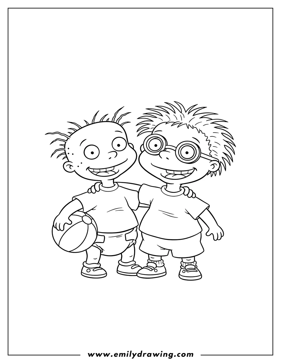 Coloring sheet featuring tommy and Chuckie Smiling Rugrats, with Chuckie's arm around Tommy, and Tommy holding a ball