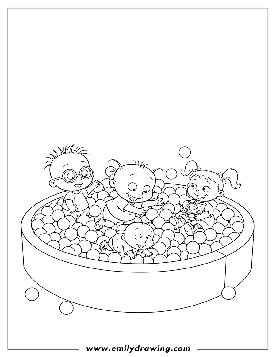 Full page coloring image of tommy, Chuckie, Angelica, Susie, and Dil playing happily in a ball pit, with Tommy reaching forward