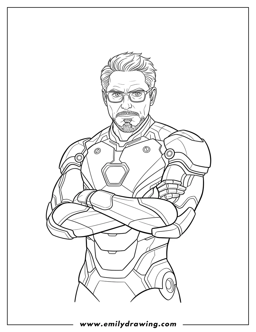 Doodle style coloring picture of tony Stark Iron Man with glasses, crossed arms, and a goatee
