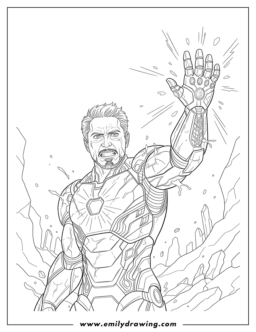 Printable coloring page of tony Stark in damaged armor with a strained expression, raising his glowing right hand with Infinity Stones
