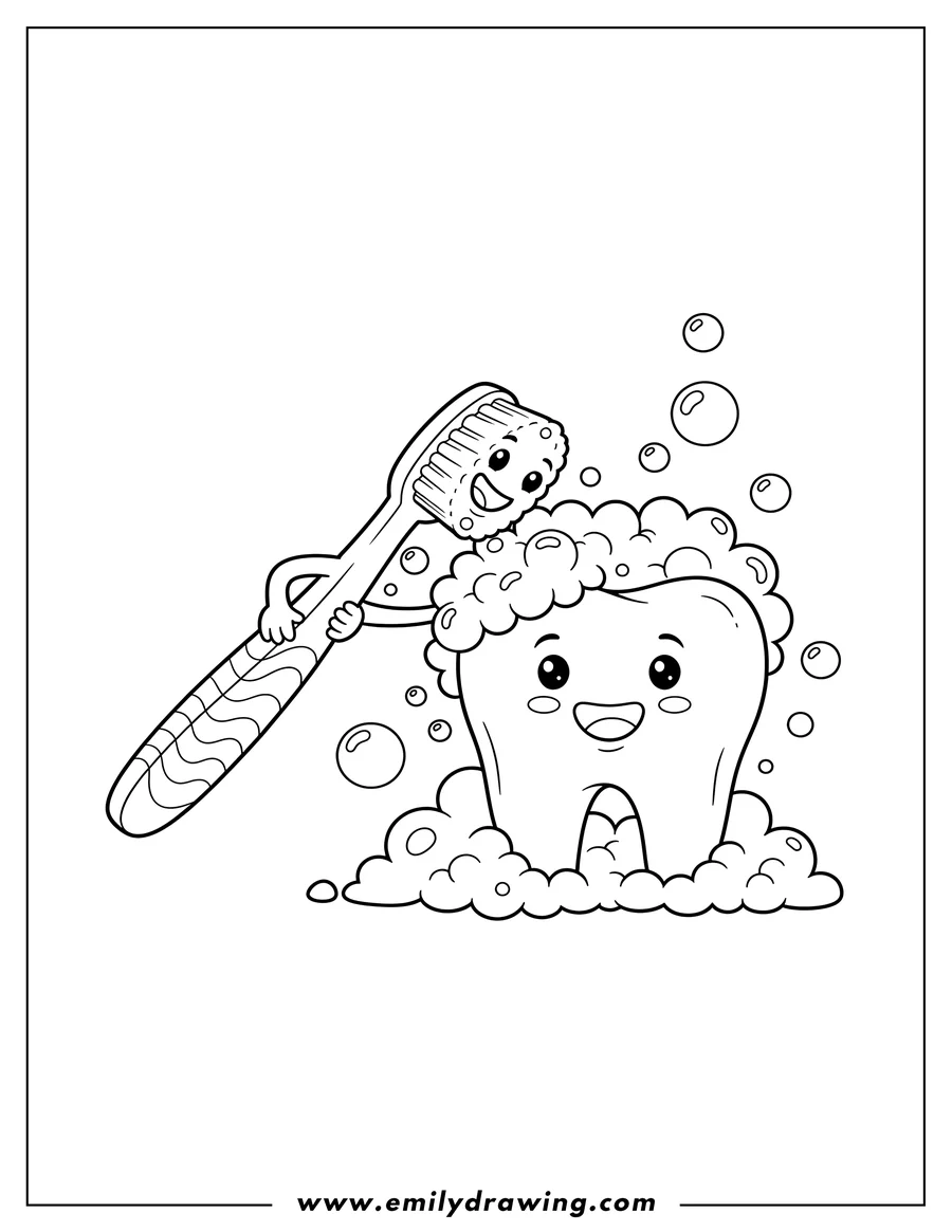 Linear illustration of toothbrush brushing a tooth with suds and bubbles