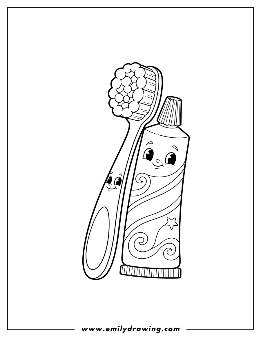 Black and white line art of A toothbrush leaning against a capped toothpaste tube