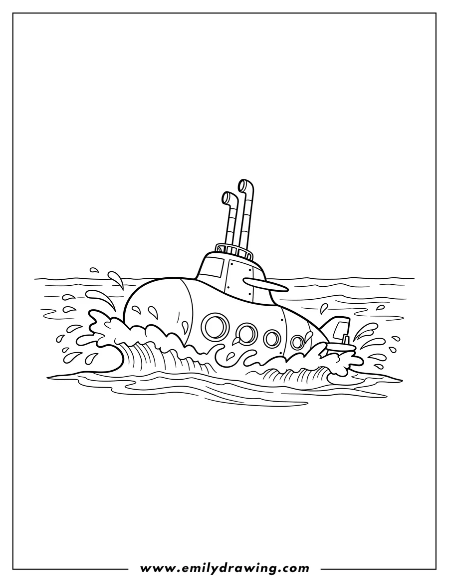 Outline drawing of top Submarine Breaking Surface Water, with extended periscopes and creating a wake