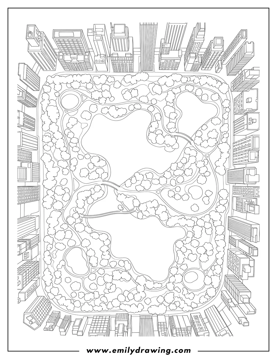 Vector style outline of top View Central Park surrounded by skyscrapers, with lakes and winding paths