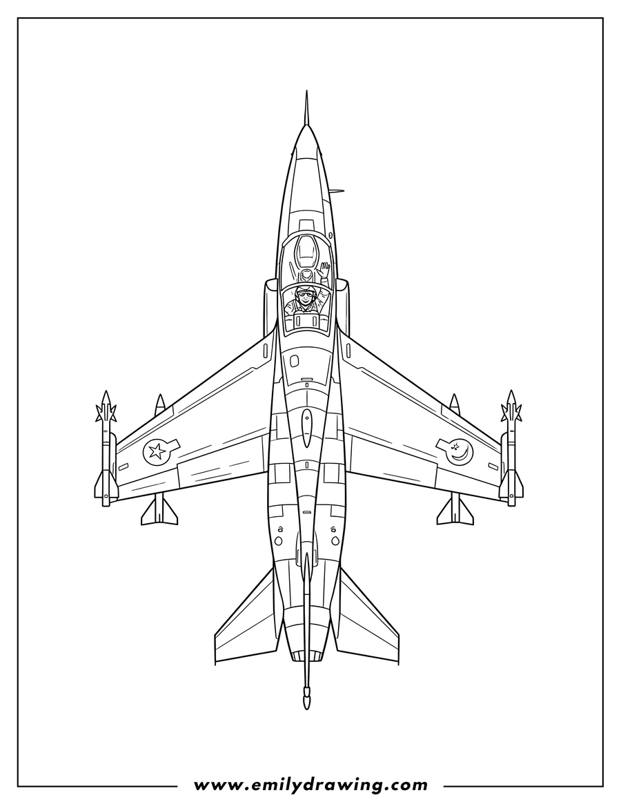 Free printable coloring sheet of top View Chengdu J 7 Pakistani Jet with pilot in cockpit and missiles under wings