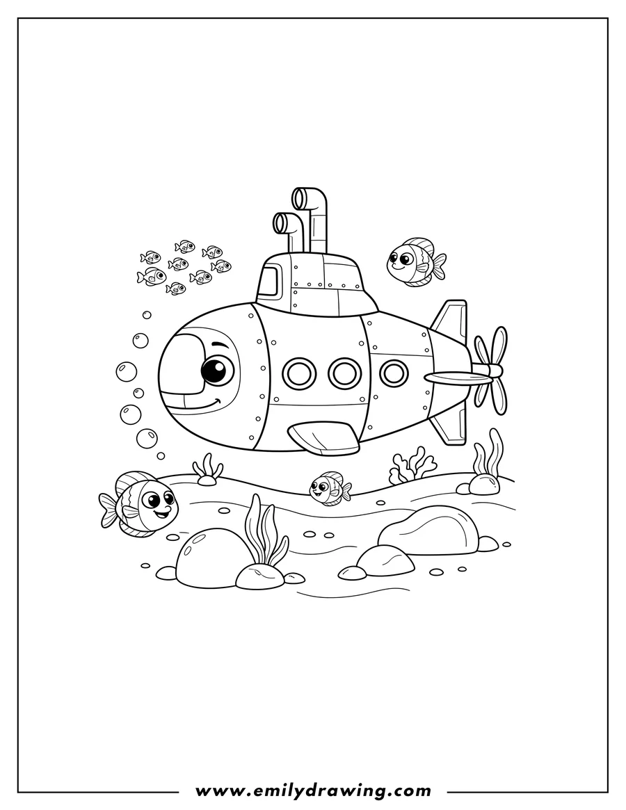 PDF style coloring page: top View Detailed Submarine, underwater with fish and seabed