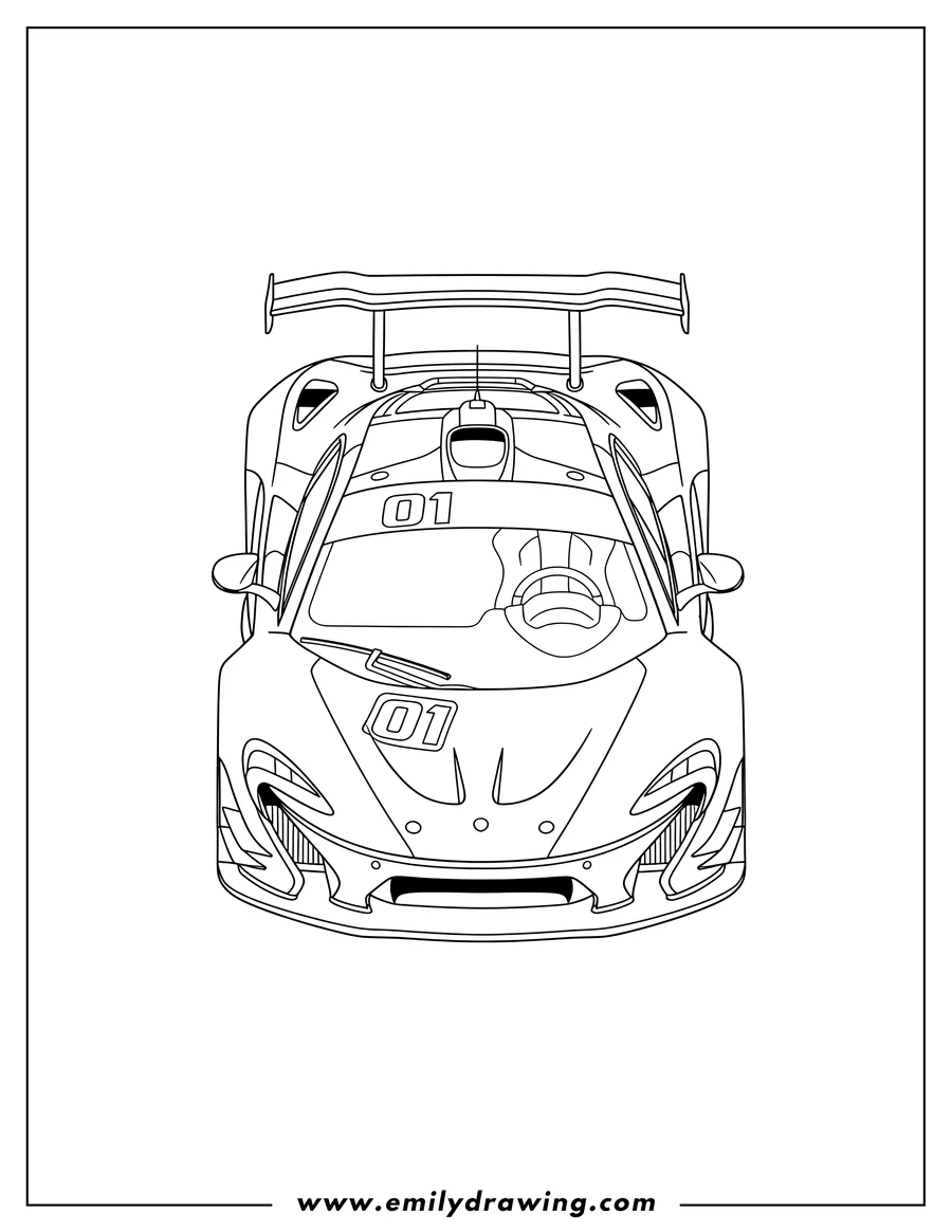 Full page coloring image of top View Mclaren P1 Gtr race car with number 01 and large rear wing