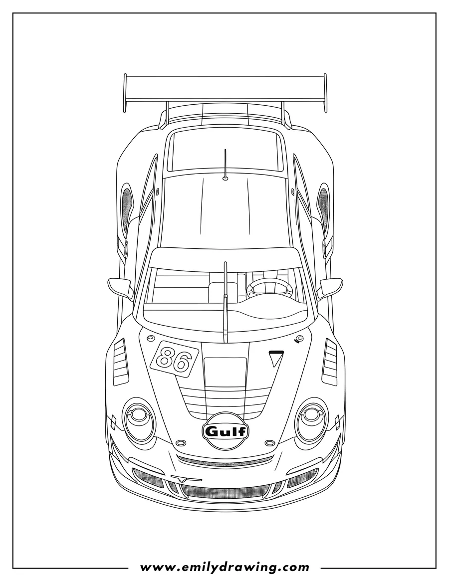 Black and white line art of top View Porsche 911 Gt3 Rsr Gulf Racing #86
