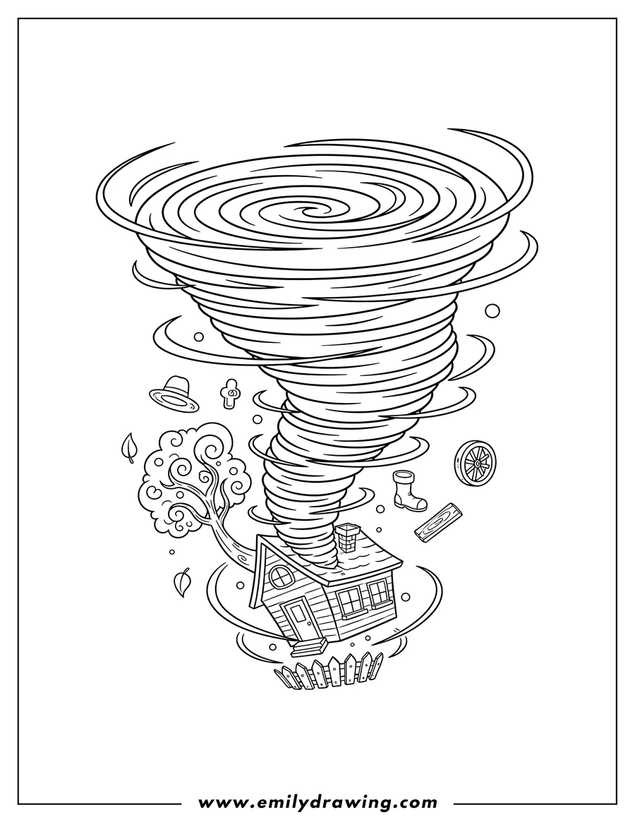 Doodle style coloring picture of tornado blowing away a house, a tree, and debris