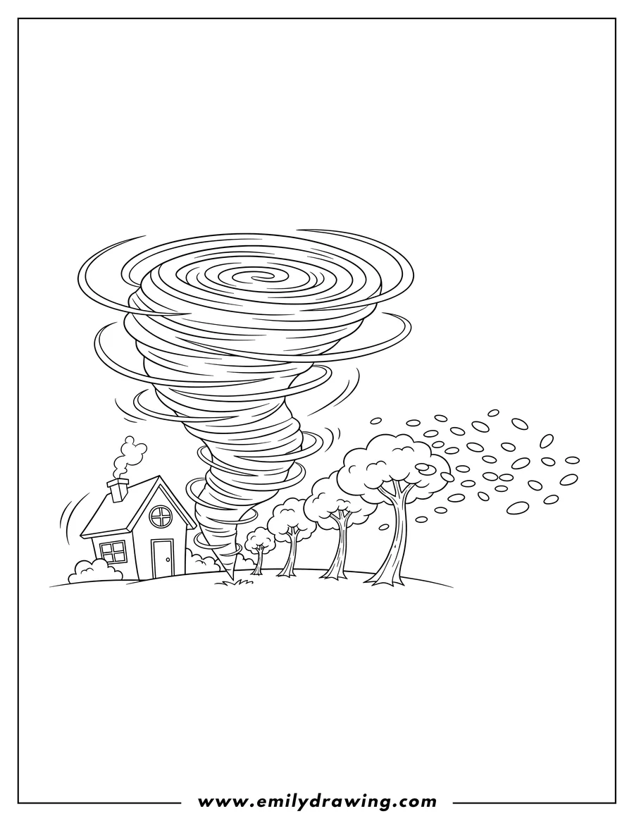 Free printable coloring sheet of tornado Blowing On Trees And House, with trees bending over and leaves blowing