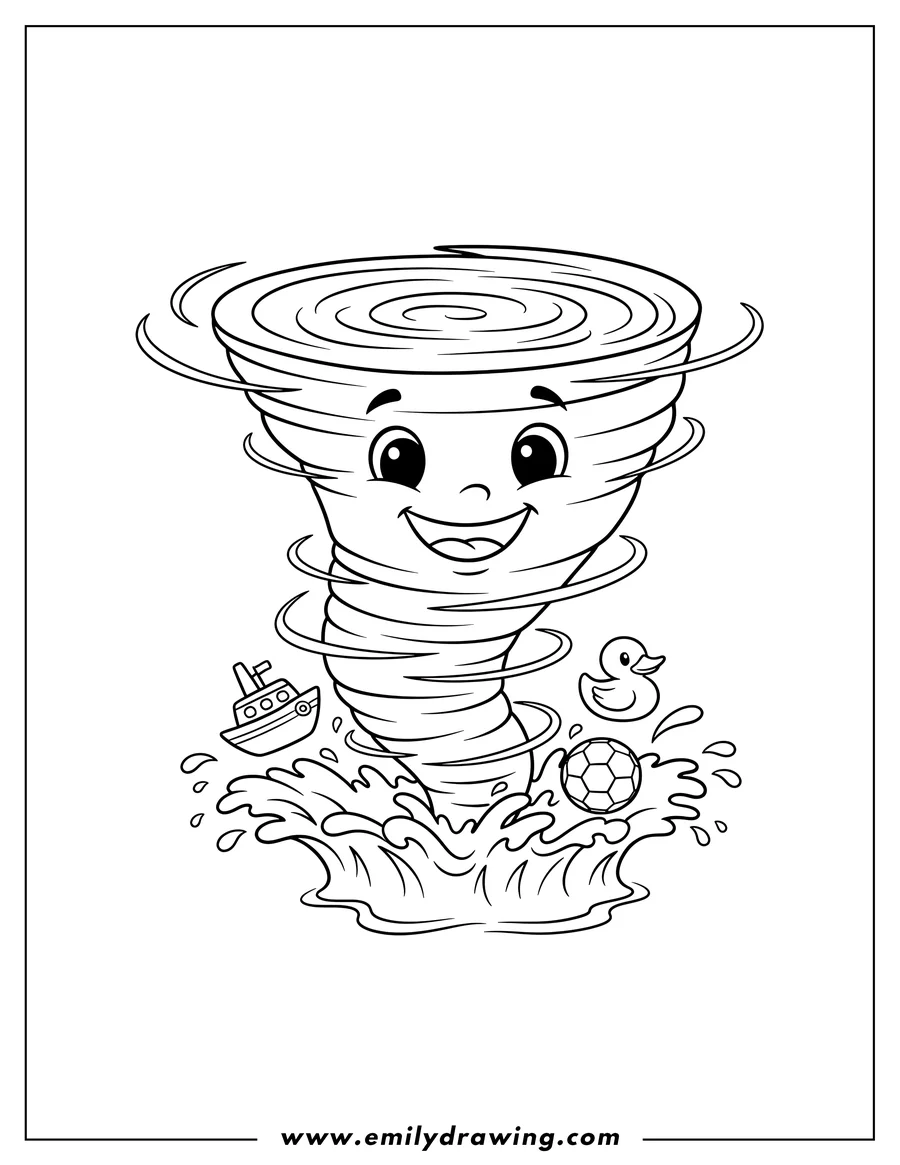 Line art of a smiling tornado swirling in water with a boat, a rubber duck, and a soccer ball splashing around it.