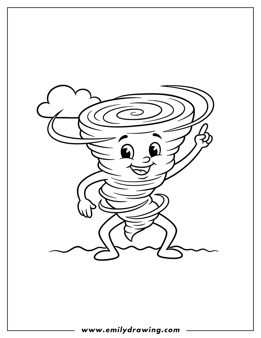 Line art of a cartoon tornado character with a happy face, arms, and legs, pointing its right hand upwards, with a small cloud near its head.