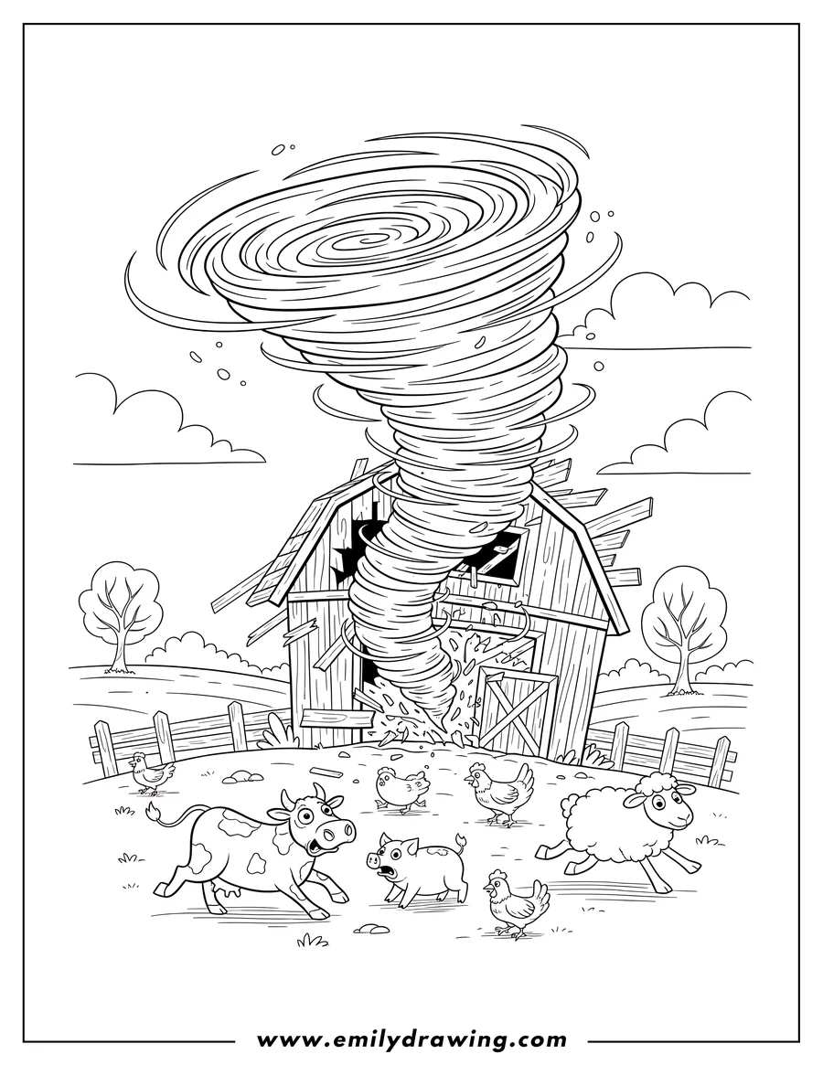 Line art of a tornado ripping through a barn on a farm, with scared farm animals like a cow, pig, chickens, and a sheep running away in the foreground.