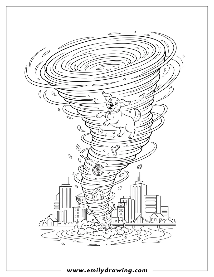 Line art of a large tornado swirling over a city, with a smiling dog, a dog house, and a bicycle wheel caught in the wind.