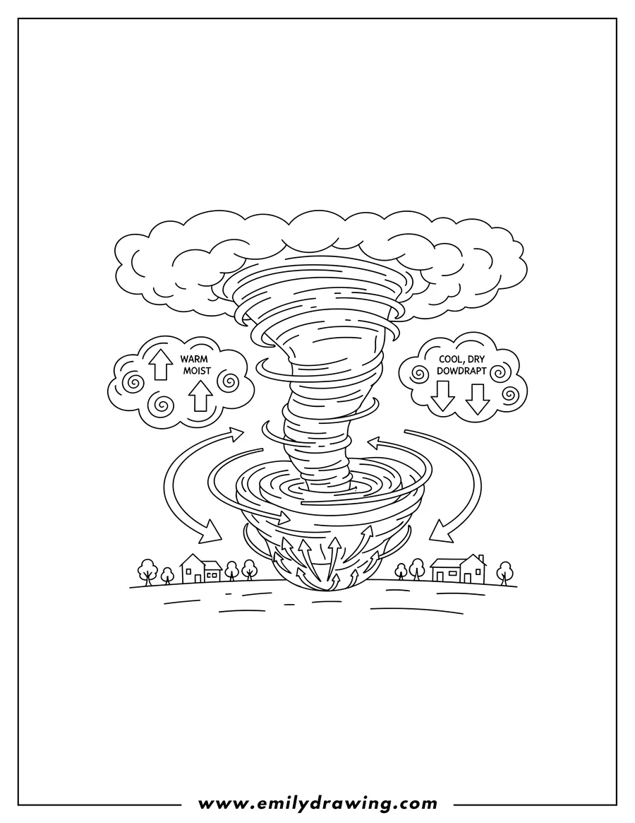 Free to print drawing of tornado Formation Diagram with swirling air currents