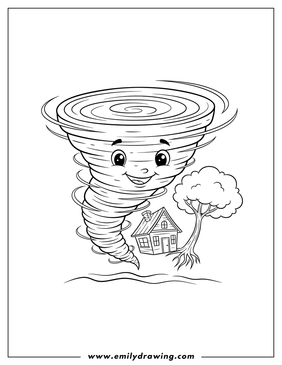Line art of a smiling cartoon tornado with a house and a tree being pulled from the ground