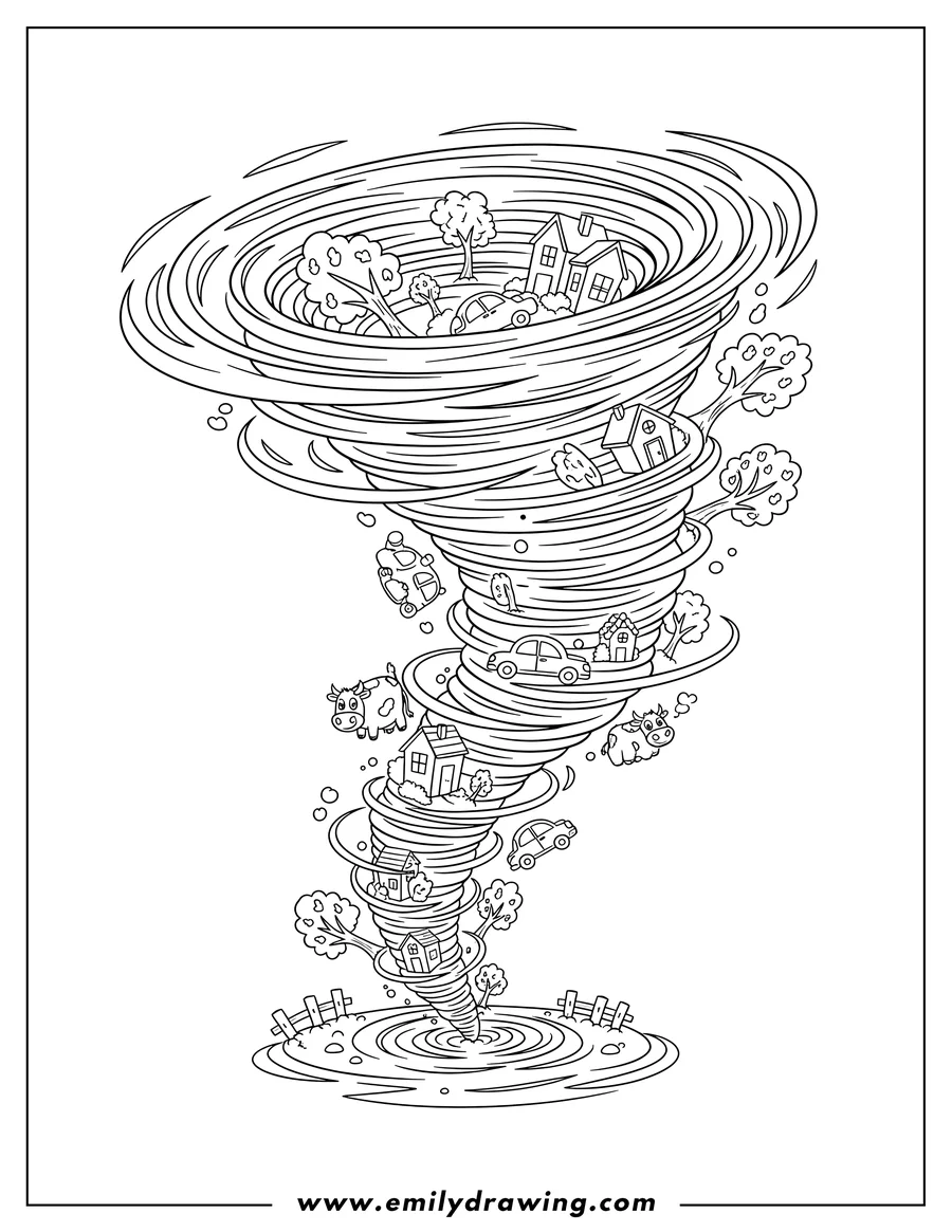 Clean line drawing: A tornado lifting houses, trees, cows, and cars into its swirling funnel