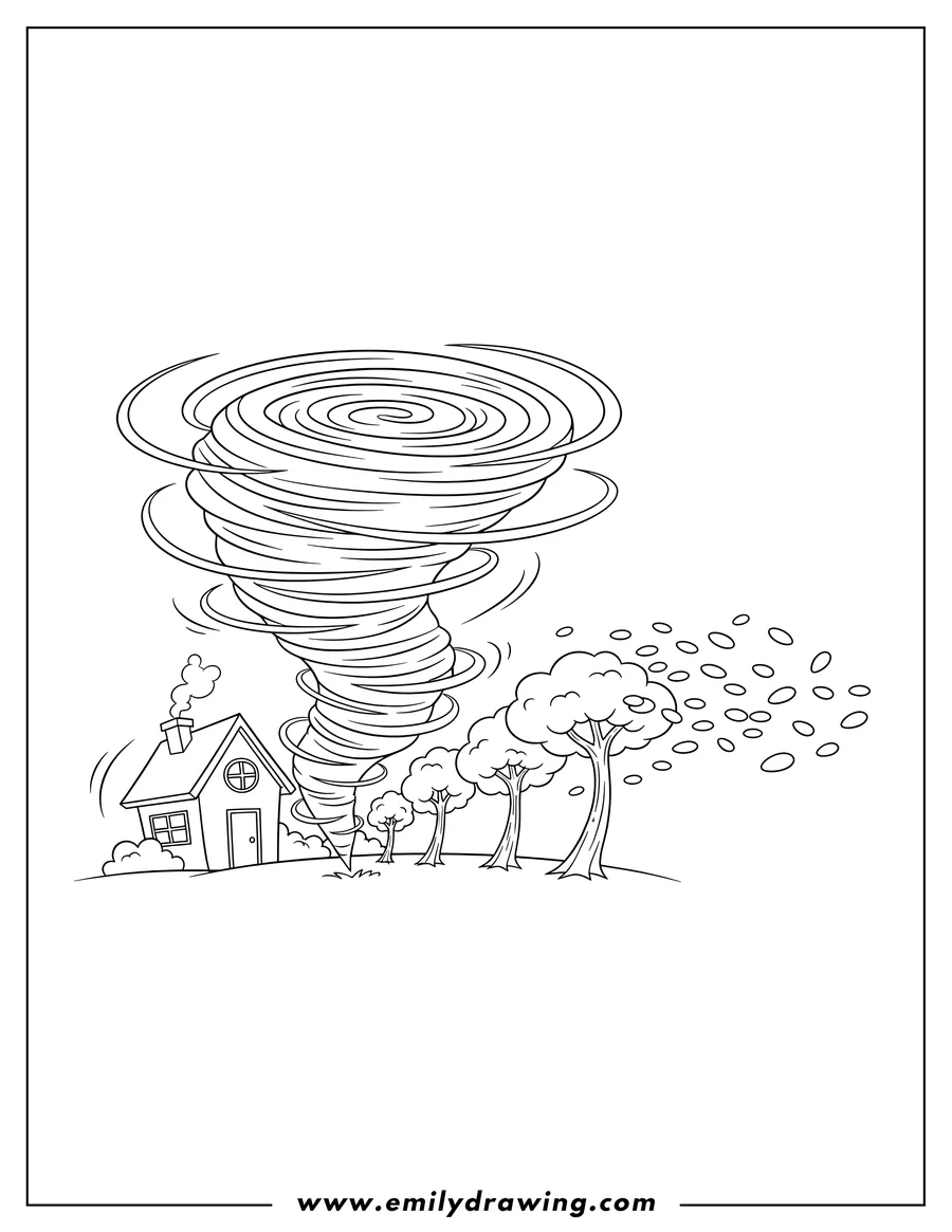 Line art of a large tornado swirling next to a small house with trees in the background, showing wind blowing leaves.