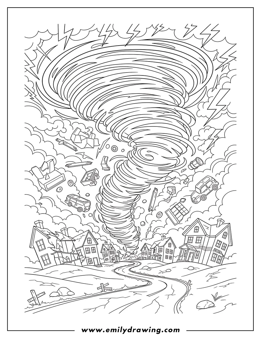 Line art of a large tornado swirling over a town with houses and a winding road, with cars and debris flying in the air amidst clouds and lightning bolts.
