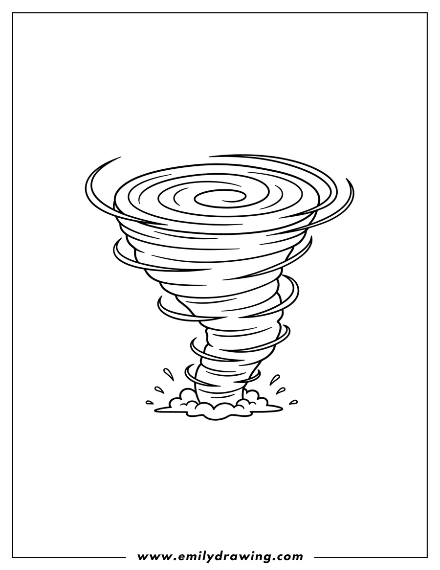 Line art of a swirling tornado touching down, with small clouds and splashes at its base.