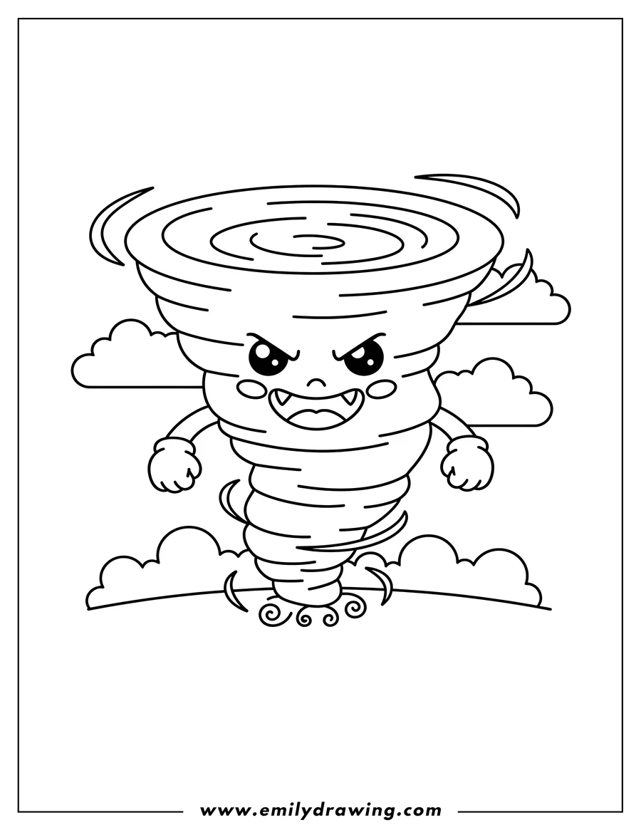 Line art of a cartoon tornado with a smiling, mischievous face and arms, surrounded by clouds.
