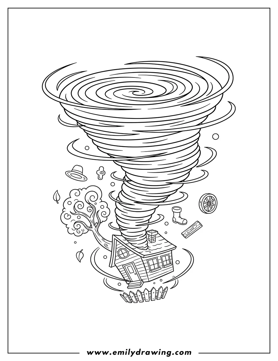 Line art of a large tornado swirling above a small house, with a tree bending and various objects like a hat, boot, and wooden plank flying in the wind.