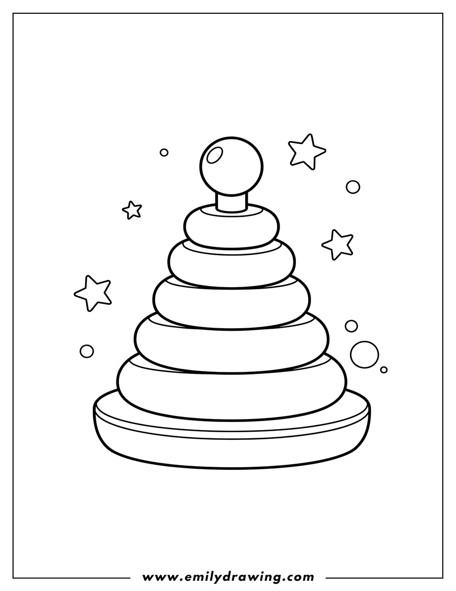 Free printable coloring sheet of toss Ring, a baby stacker toy with multiple rings